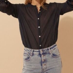 ba&sh Dark Blue Samy Round Neck Button Shirt navy